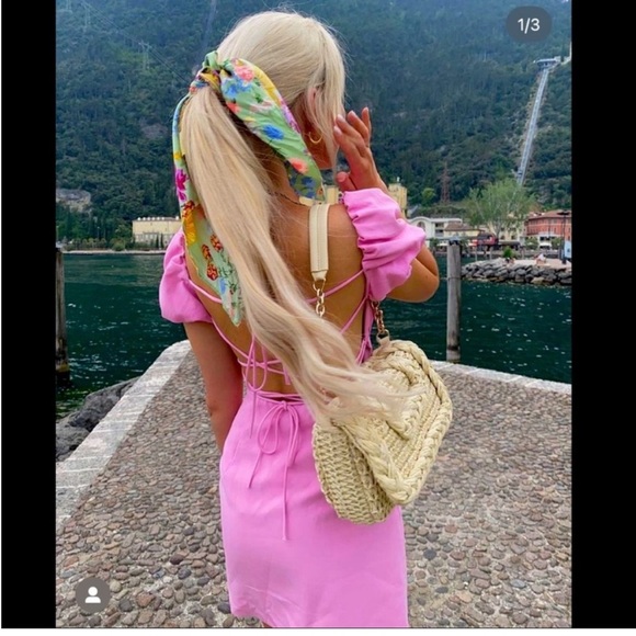 ZARA Pink Puff Sleeve Dress with lace up back - Picture 2 of 6